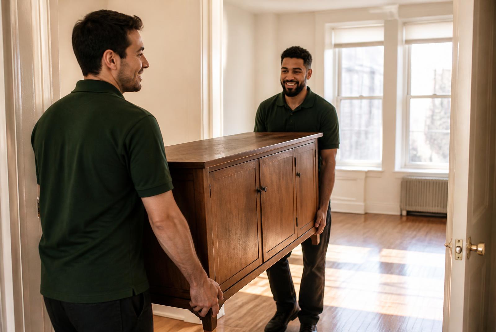 Zwei Mitarbeiter von PAH Entrümpelung tragen gemeinsam einen Holzschrank aus einer hellen, leeren Wohnung.